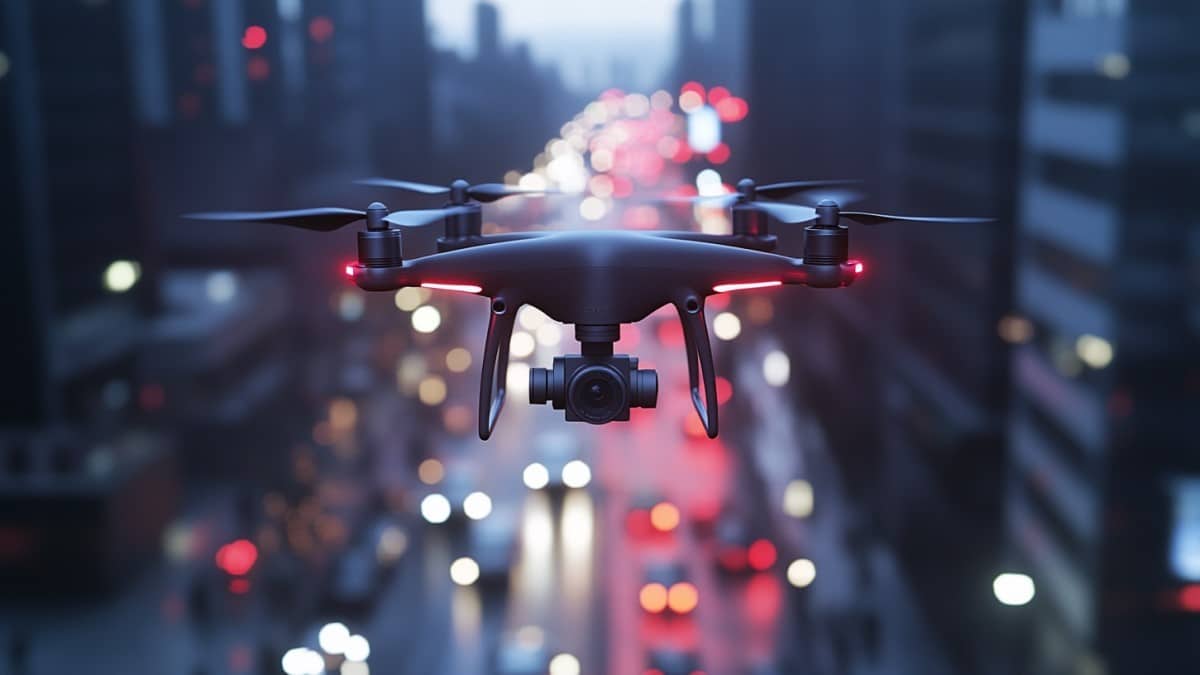 Drone volant en milieu urbain nocturne