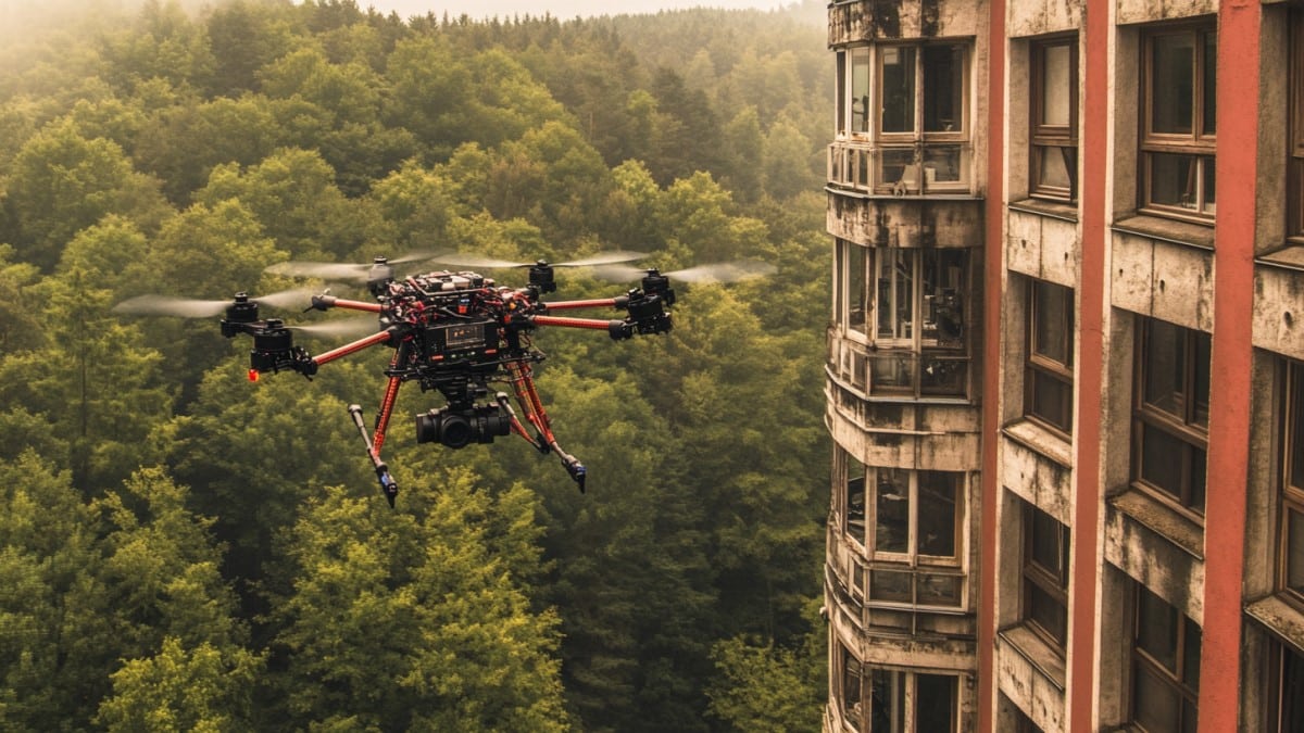 Drone près d'un bâtiment