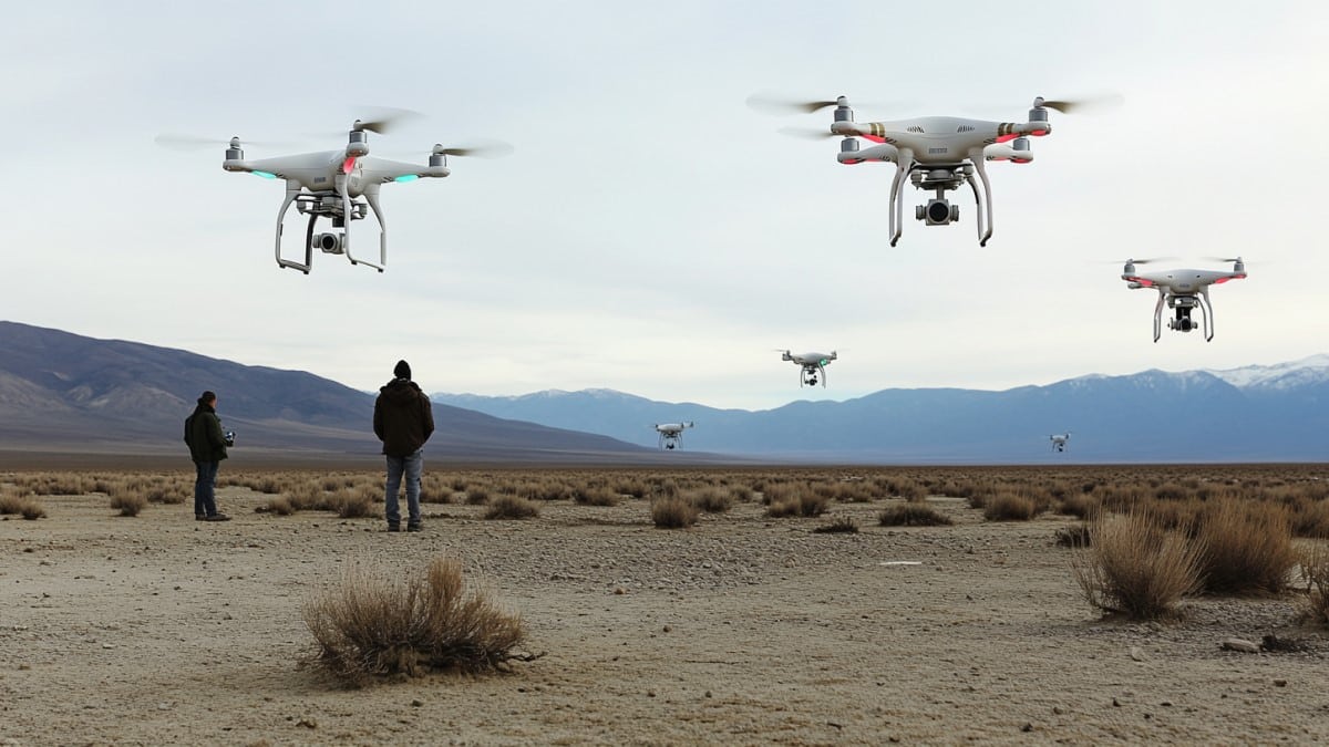 Drones en vol dans le désert