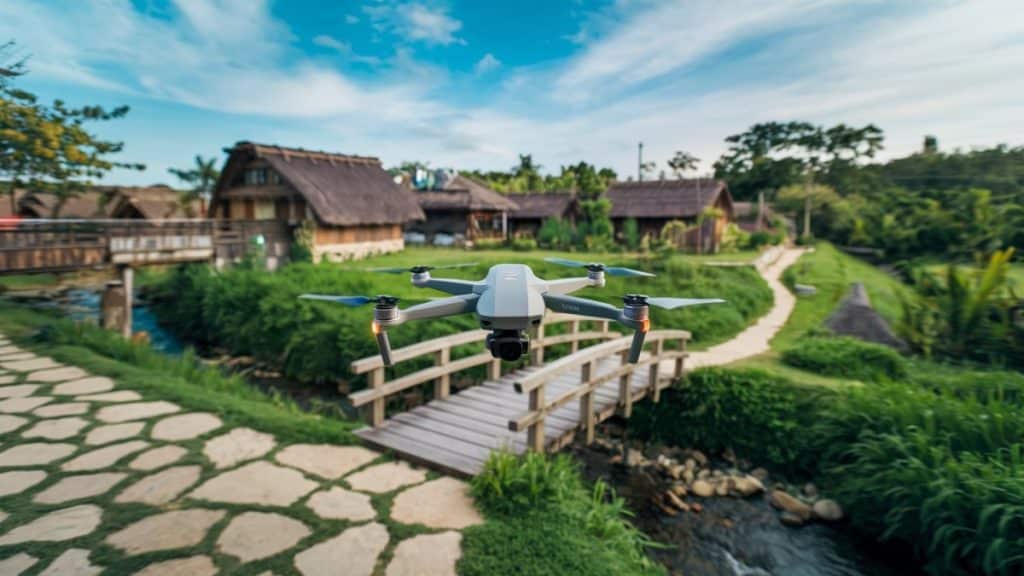 Drone sur un pont rural