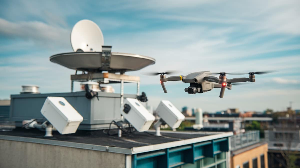 Drone près d'une antenne