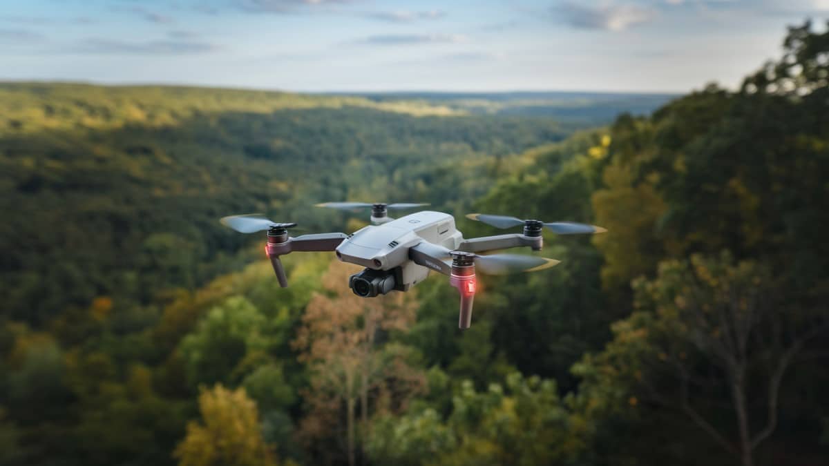 Drone volant au-dessus forêt