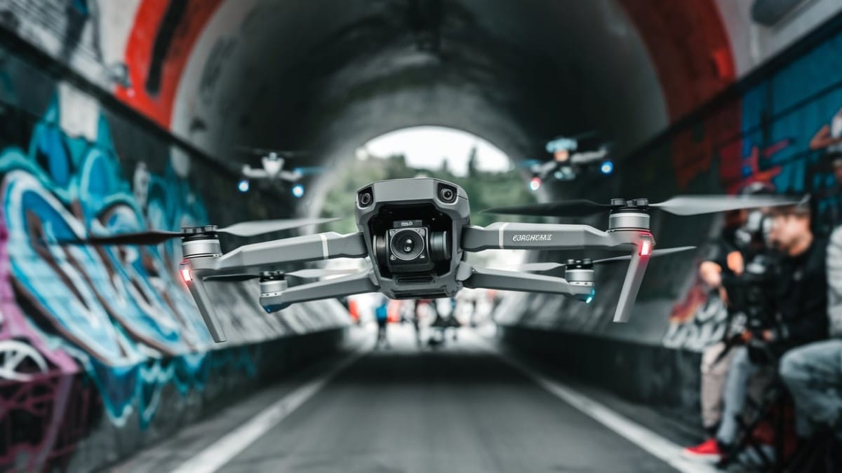 Drone volant dans tunnel graffé