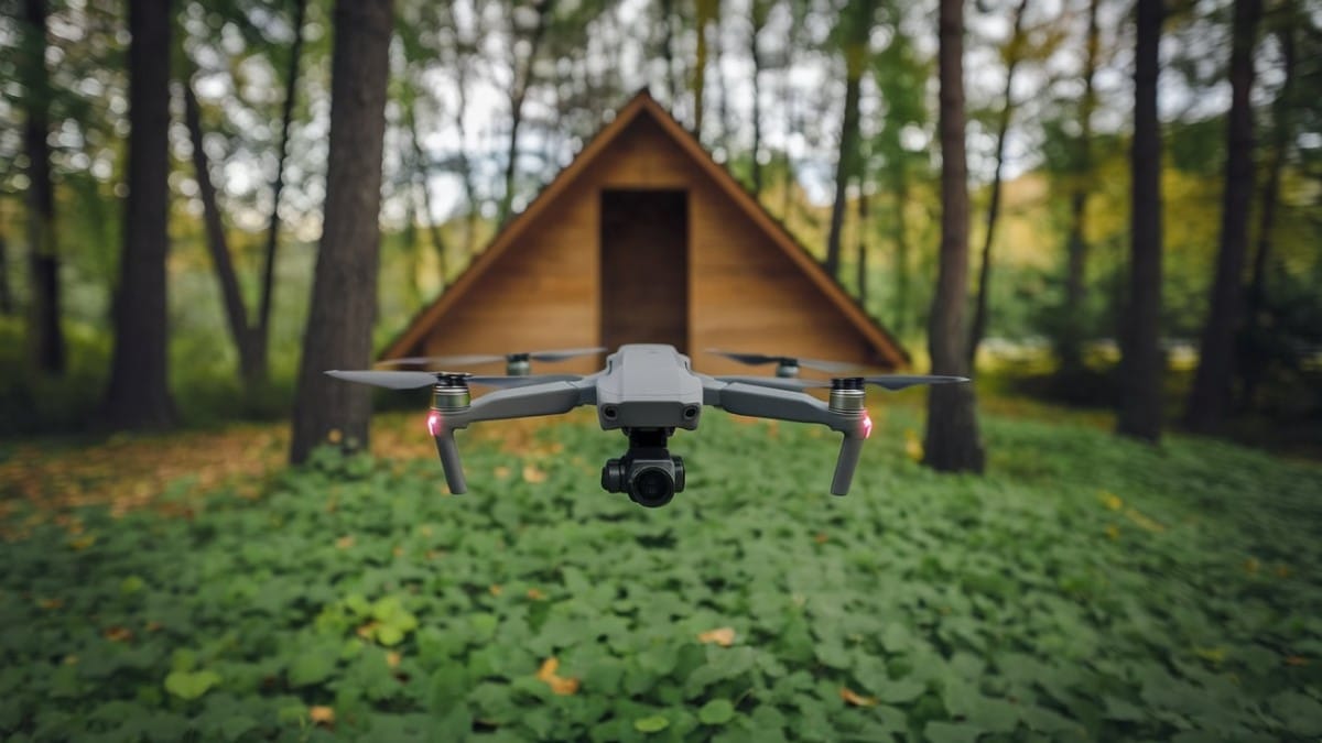 Drone devant cabane forêt