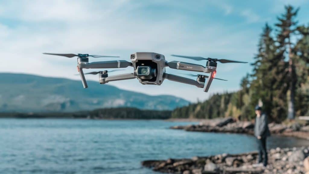 Drone volant près d'un lac