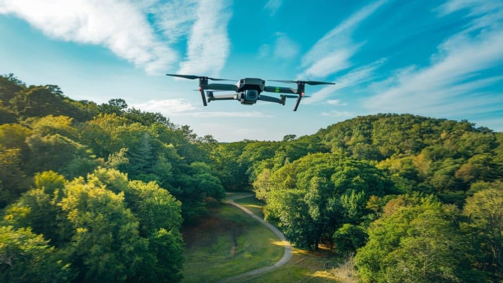 Drone en vol au-dessus forêt