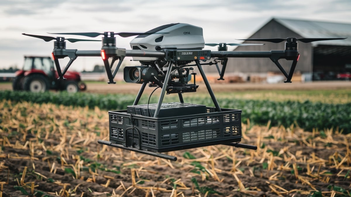 Drone avec caisse en vol