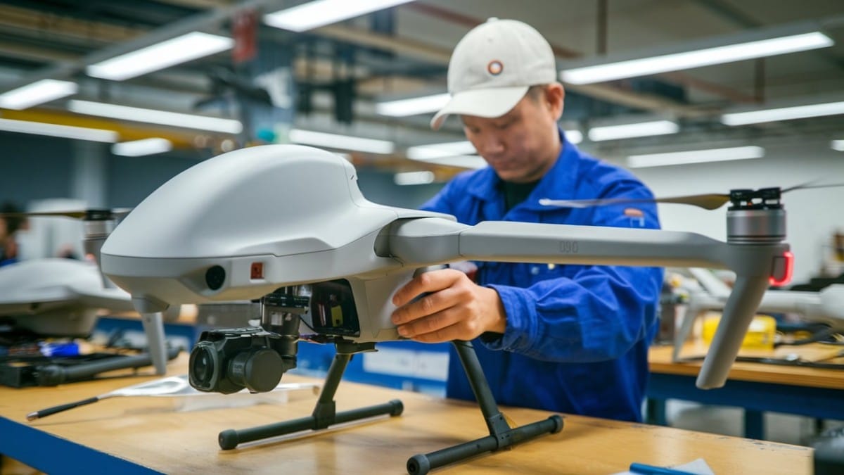 Technicien réglant un drone