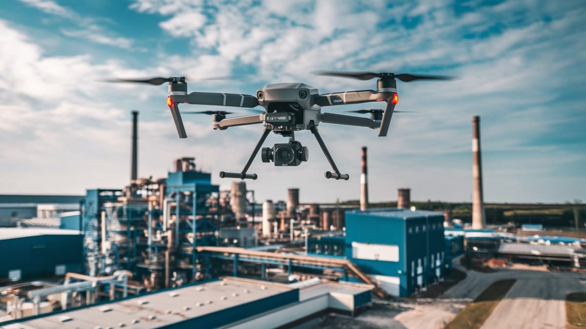 Drone survolant une usine