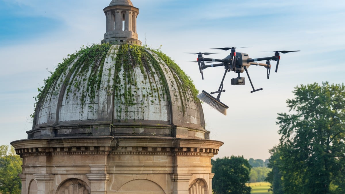 Drone avec brosse sur dôme