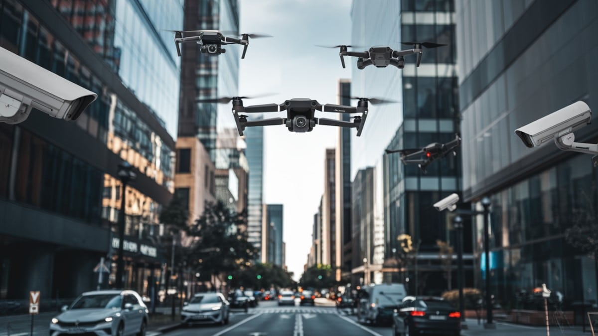 Drones dans une rue urbaine