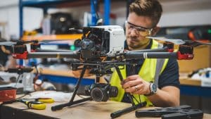 Technicien réglant un drone