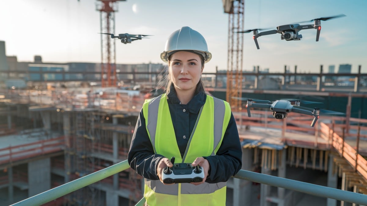 Femme contrôlant drones chantier