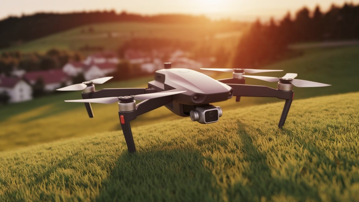 Drone posé sur l'herbe